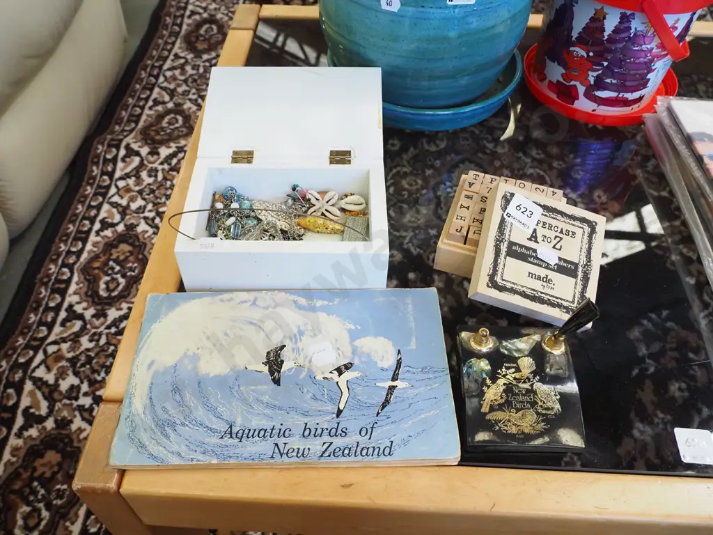 trinket box and costume jewellery, NZ desk set - faults, alphabet stamps etc Image 1++