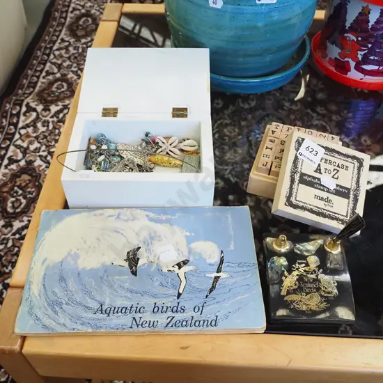 trinket box and costume jewellery, NZ desk set - faults, alphabet stamps etc