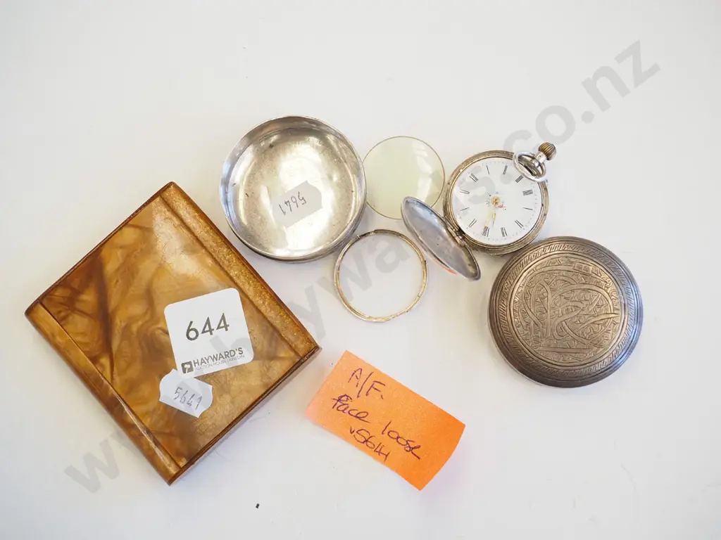 engraved silver pill box, card holder, small fob watch - face is loose Image 1++