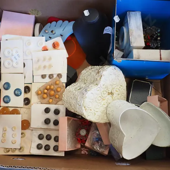 box; buttons, costume jewellery, boxes etc