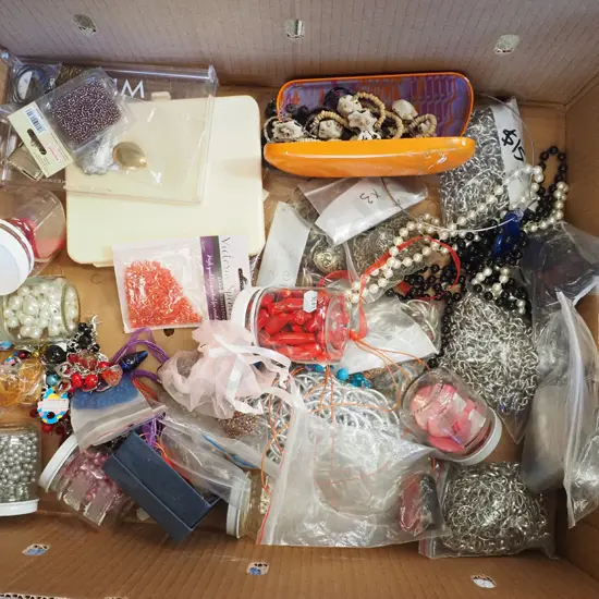 box; beads, chains, necklaces etc