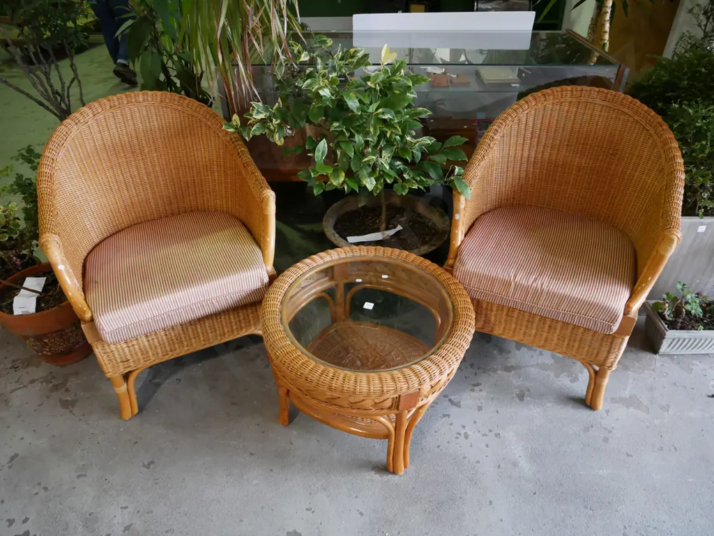 bamboo and cane 3 piece patio suite - 2 chairs and coffee table Image 1++