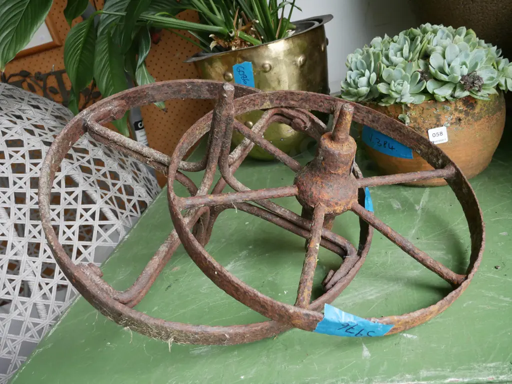 2x vintage rusty wheelbarrow wheels Image 1++