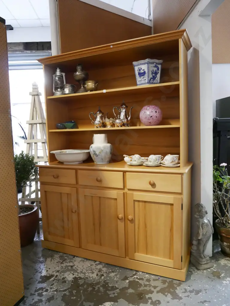 rimu and mdf wall unit with 3 doors and 3 drawers and deep shelves  Image 1++