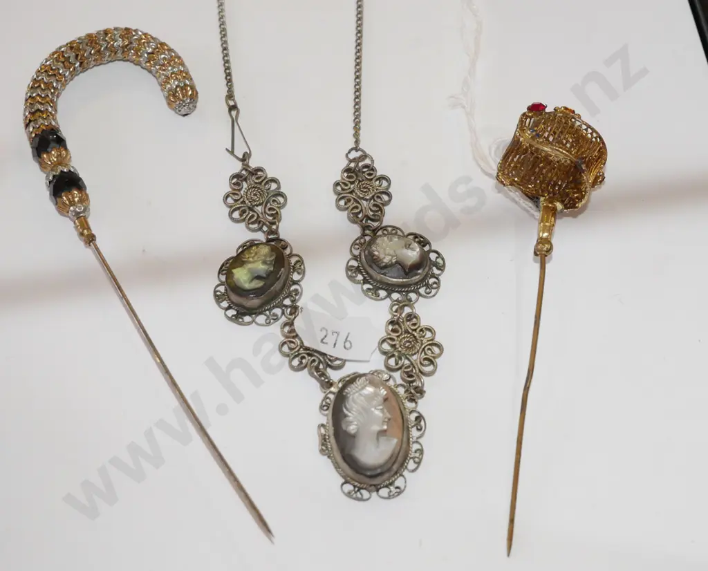 2 x hat pins & cameo themed necklace Image 1++