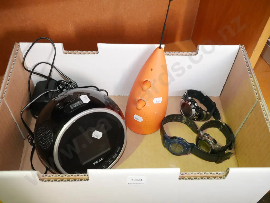 box; 3 wristwatches, bedside radio alarm clock & novelty radio Image 1++