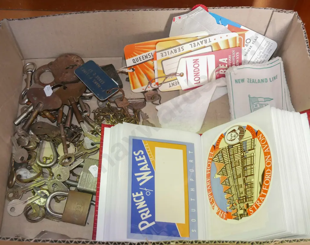 box; padlocks & keys, album of vintage hotel labels, New Zealand line razor towels etc Image 1++