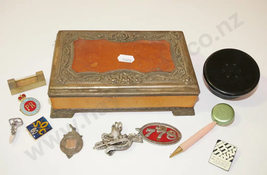 trinket box; badges, vintage telephone ear piece etc Image 1++