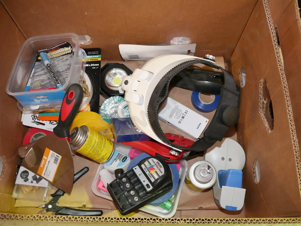 box; battery chargers, tape, key hooks, paint scraper etc Image 1++