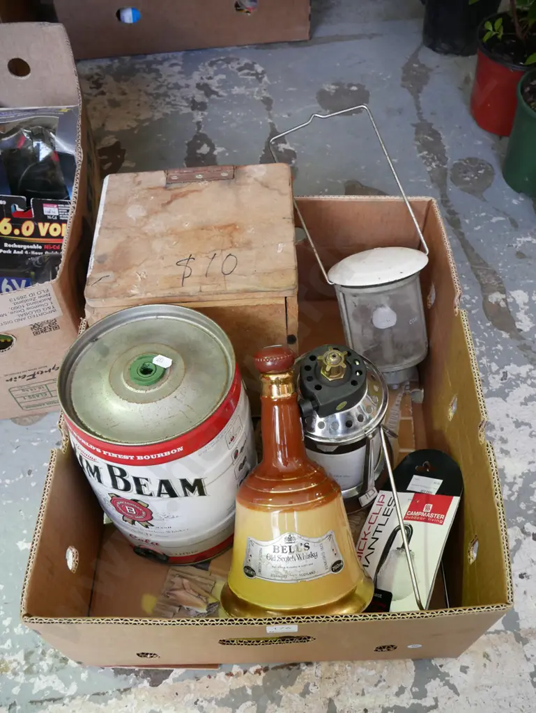box; Bell's Old Scotch whisky decanter (light), camping lantern, Jim Beam tin, MDF box Image 1++