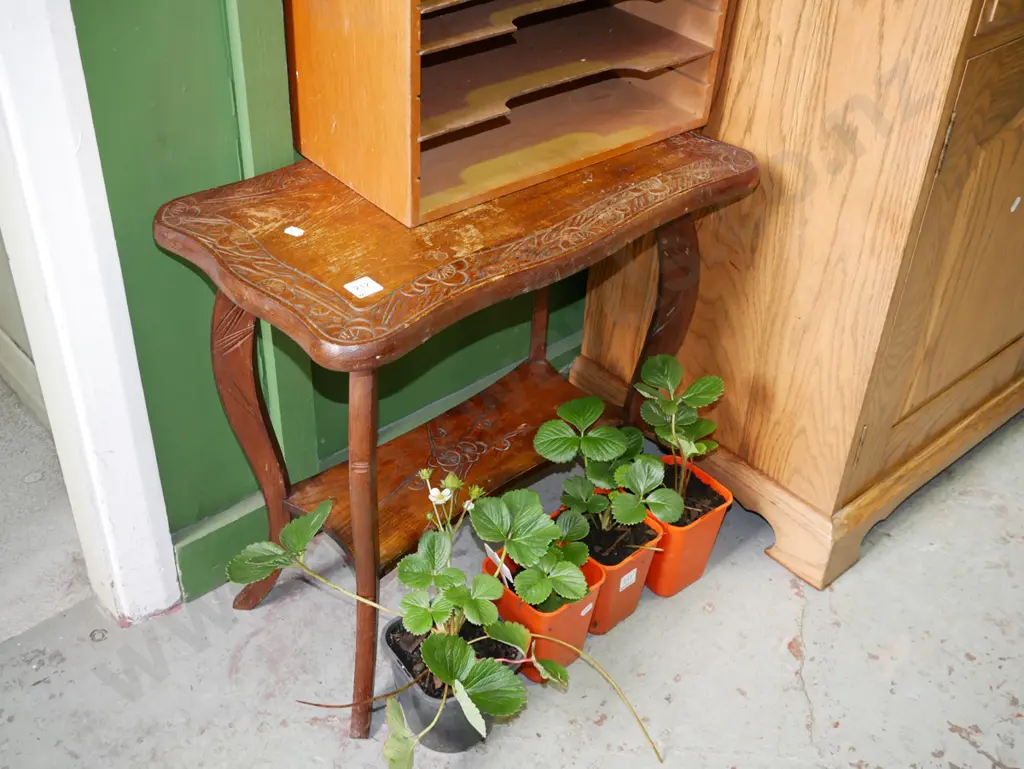 small oak 2 tier carved end table - some damage to varnish Image 1++