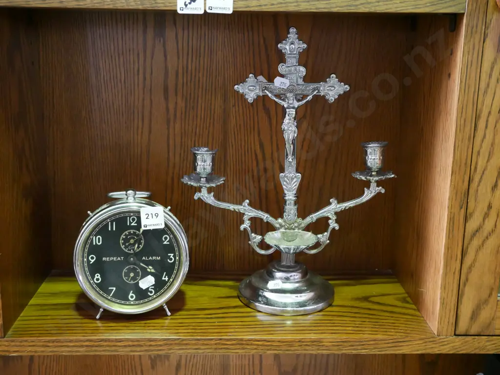 retro clockwork alarm clock, crucifix candelabra H-340 Image 1++
