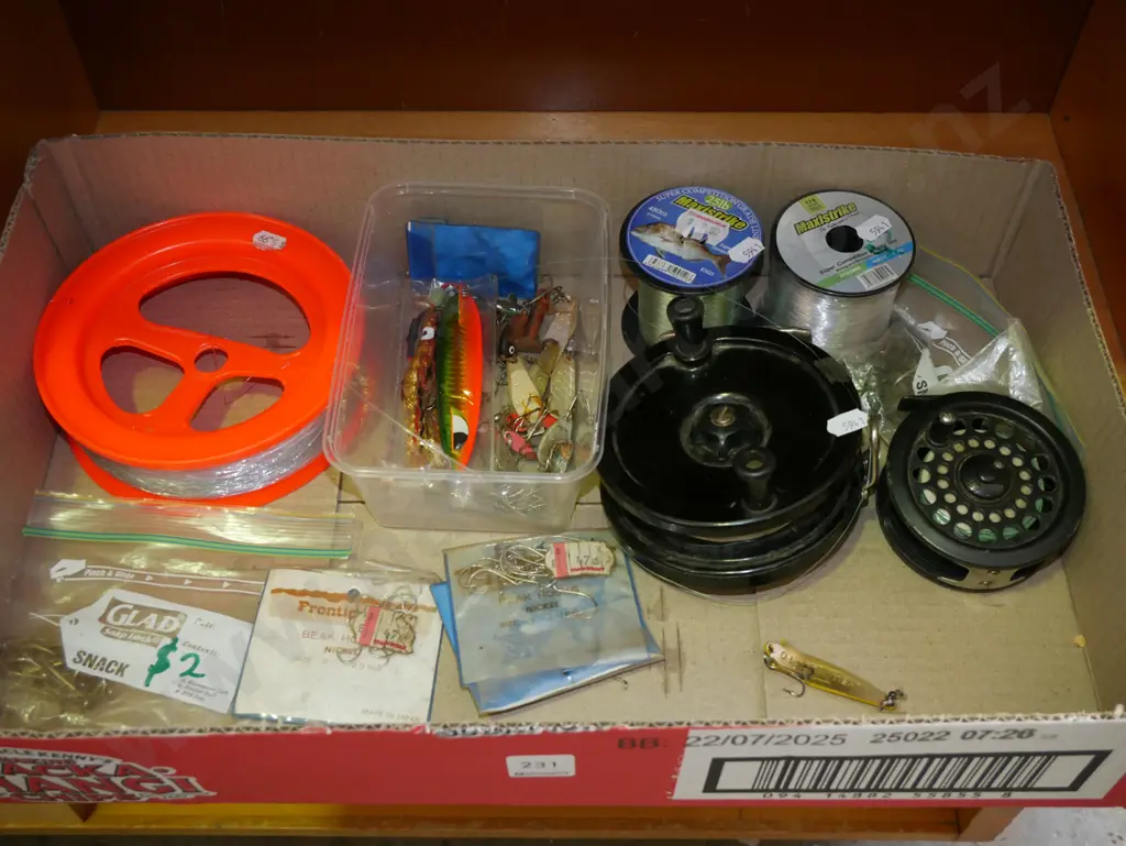 box; fishing lures, reels, line Image 1++
