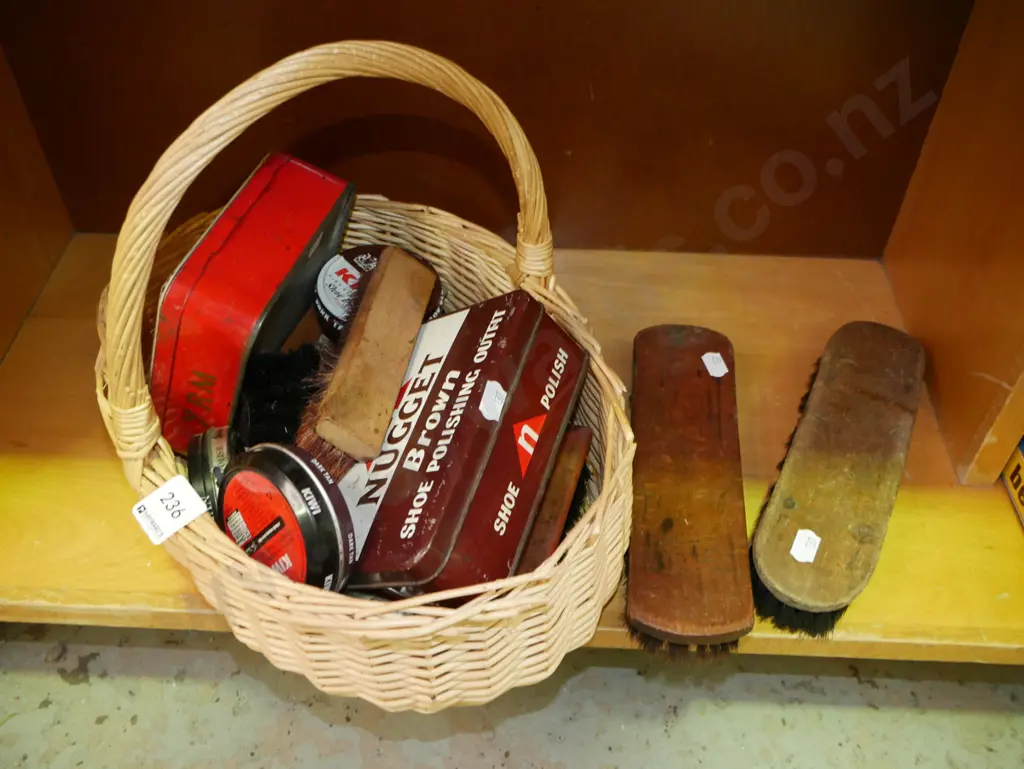 cane basket; shoe polish and brushes Image 1++