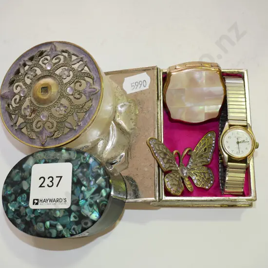 trinket boxes, ladies wristwatch, butterfly
