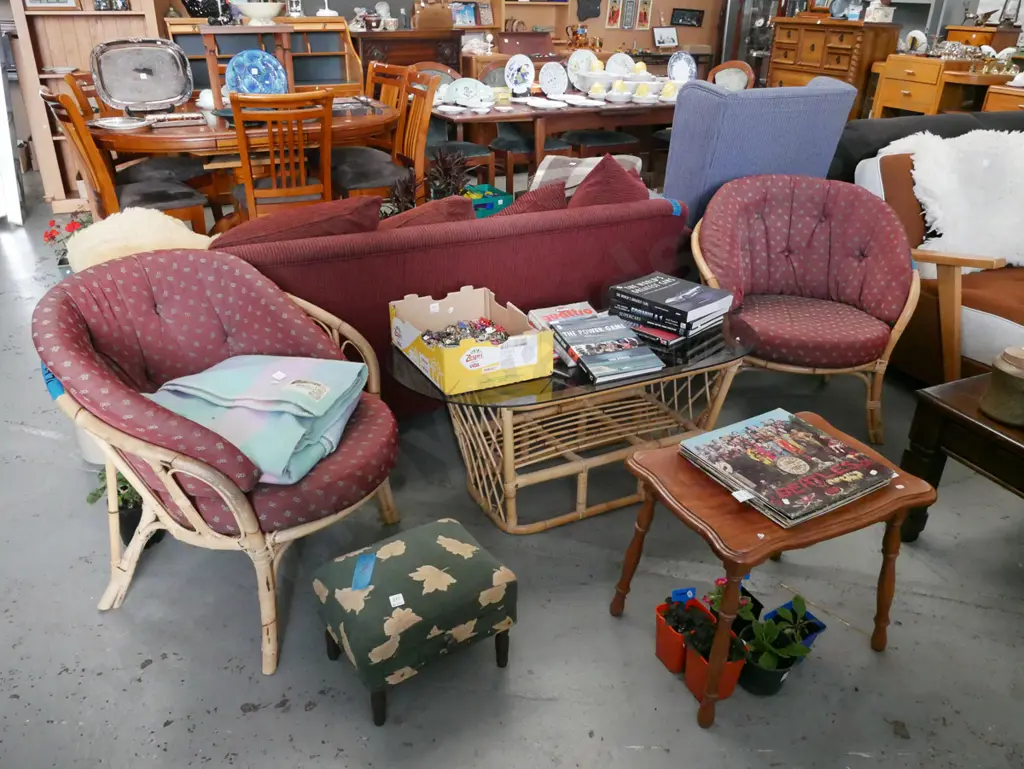 3 piece patio suite - 2x tub chairs with cushions smoked glass top coffee table Image 1++