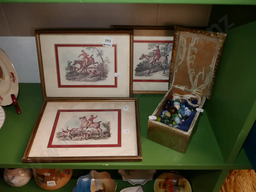 3x small framed hunting prints, box of marbles Image 1++