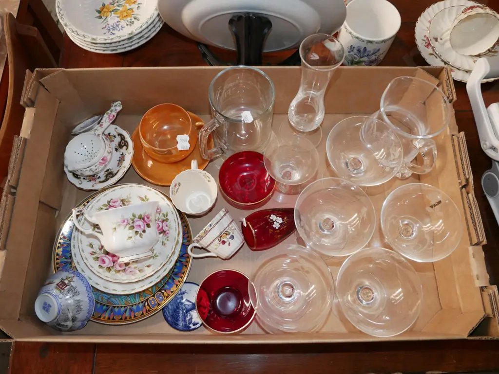 box; etched comports, jug, Royal Albert pink rose trio, ruby glass etc Image 1++