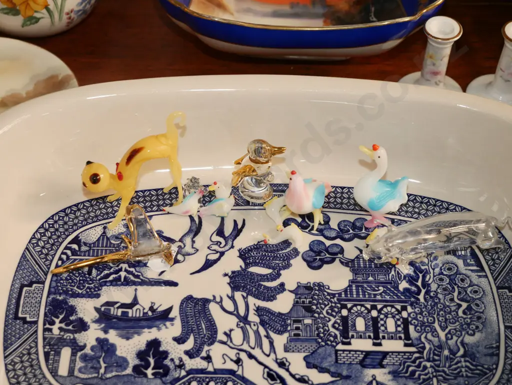 willow pattern baking dish, floral bowls, coffee cups, small glass figurines etc Image 1++
