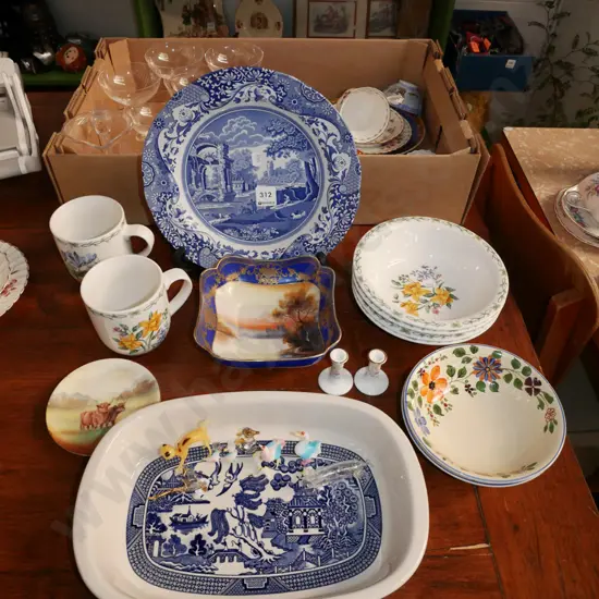 willow pattern baking dish, floral bowls, coffee cups, small glass figurines etc