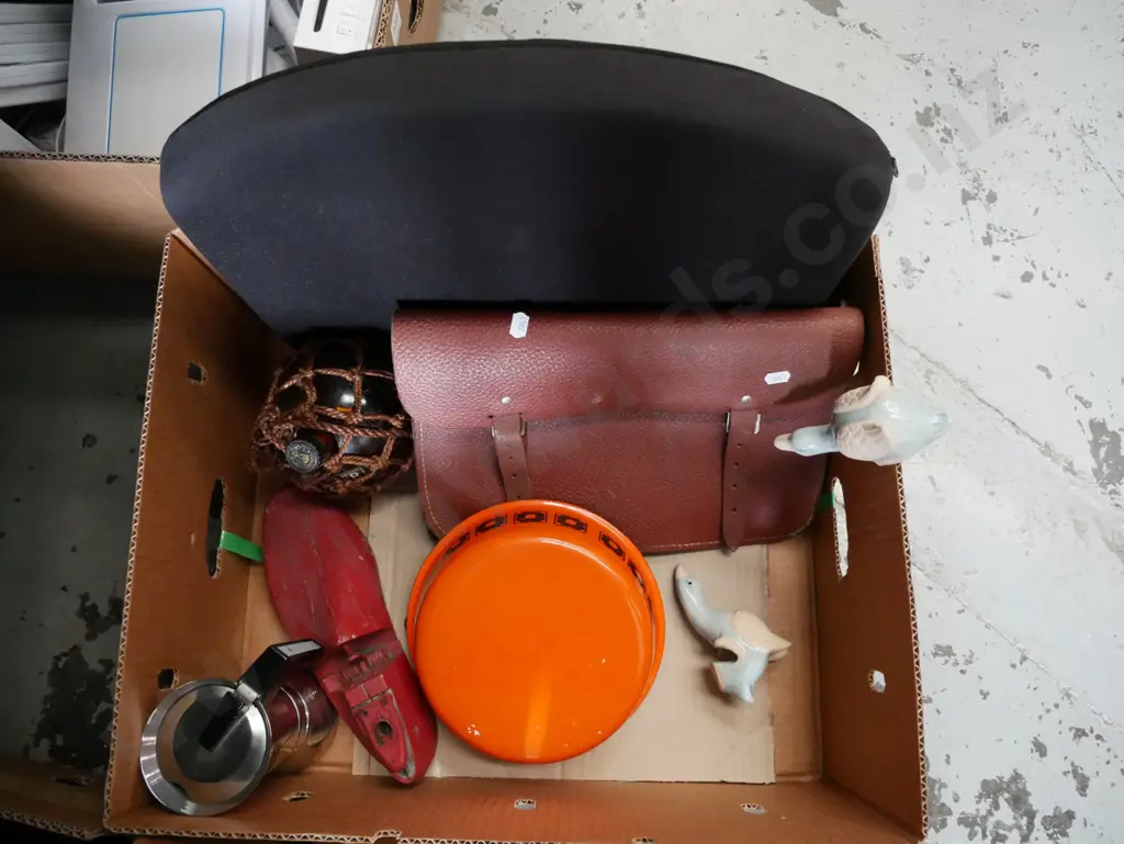 box; old school satchel, enamel bowl, shoe last etc Image 1++