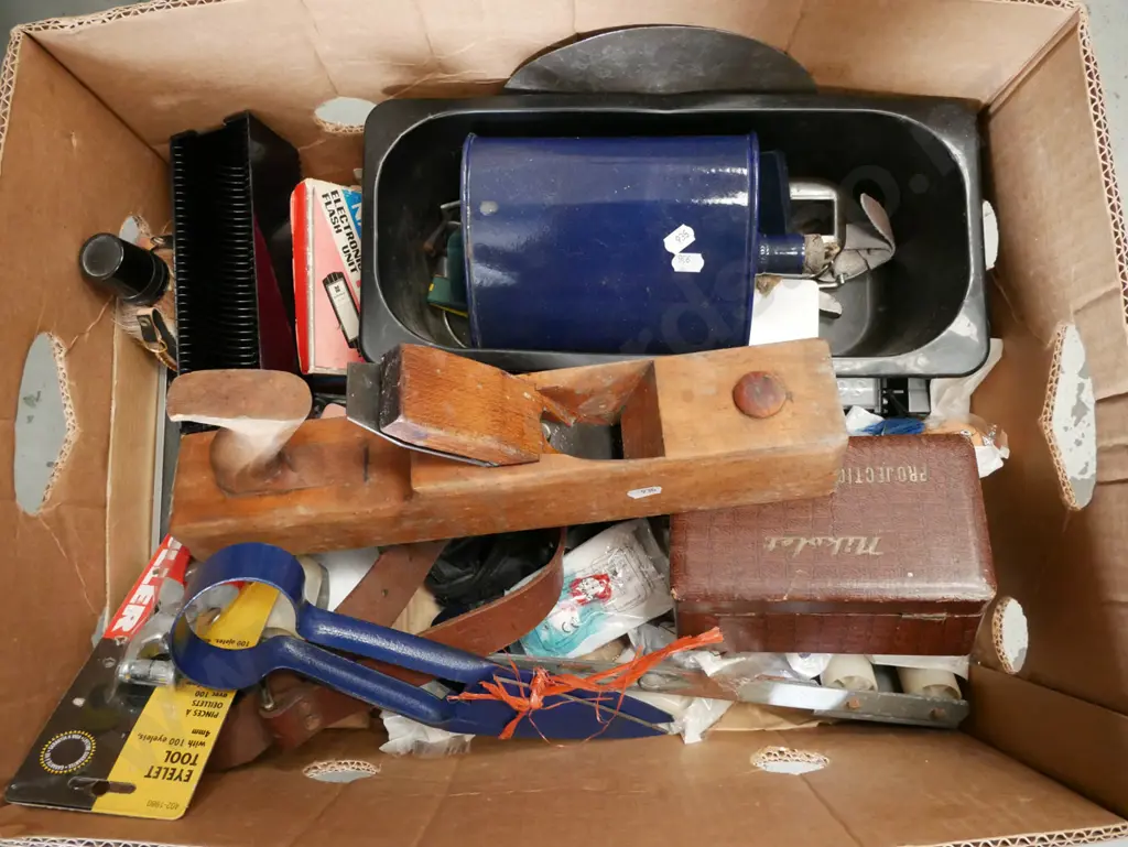 box; wooden hand plane, metal canteen, hand shears etc Image 1++