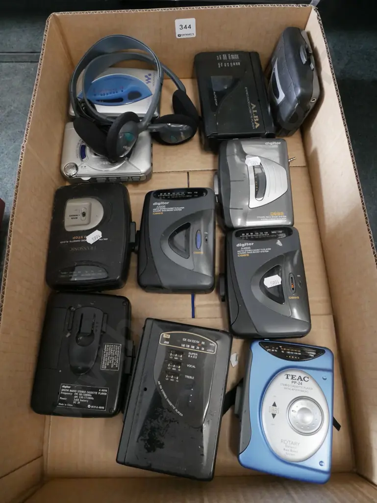 box; various walkmans, 2 pairs of headphones - As Is No Returns Image 1++