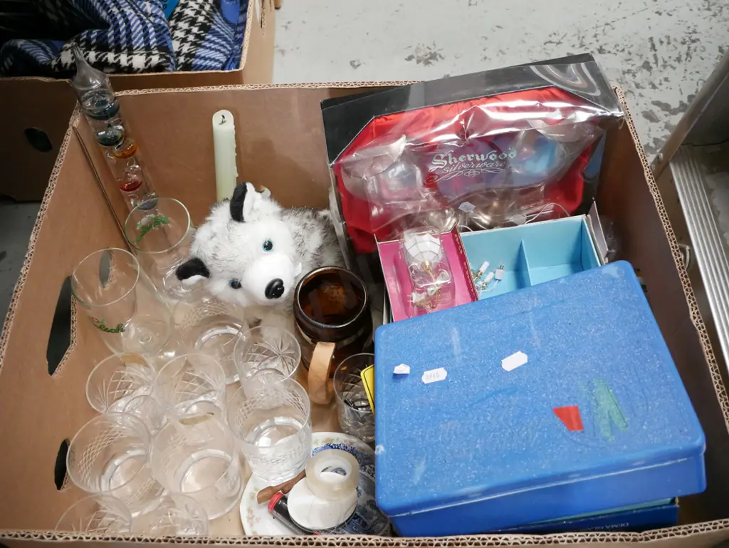 box; plated goblets, glass tumblers, dog figurine etc Image 1++