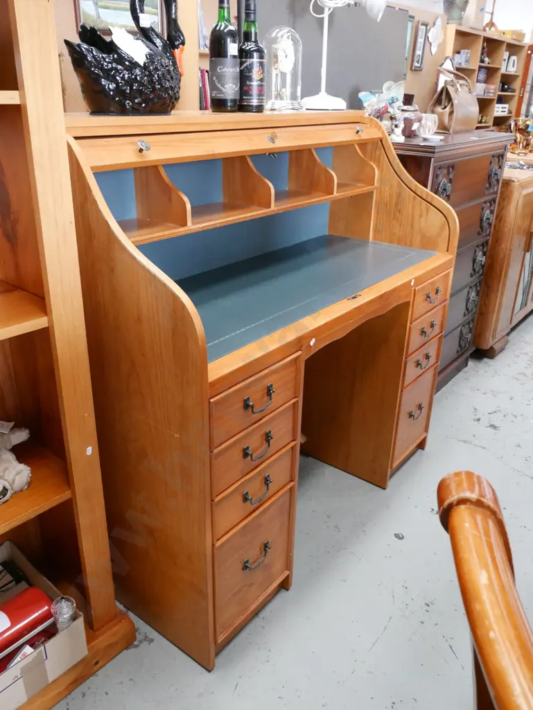 pine 8 drawer roll top desk with fitted interior - key and lock in office Image 1++
