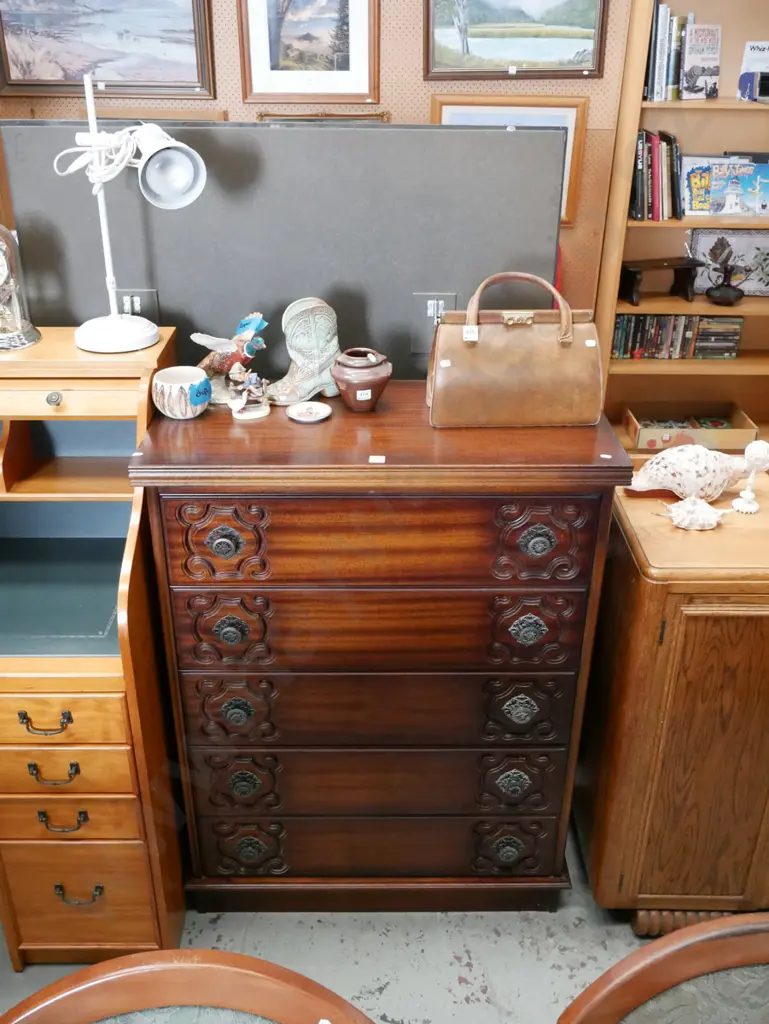 solid wood 5 drawer heavily carved tall boy H-1700 W-815 D-400 Image 1++