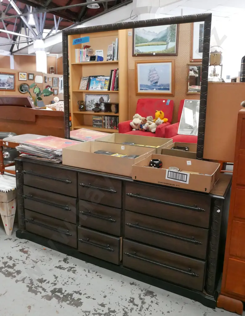 large dark stained mahogany and mdf 12 drawer carved mirror back dresser H-1540 W-1400 D-400 Image 1++