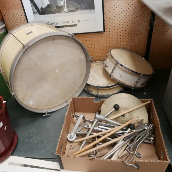 part drum kit; drums, drum sticks, cymbals, stands etc
