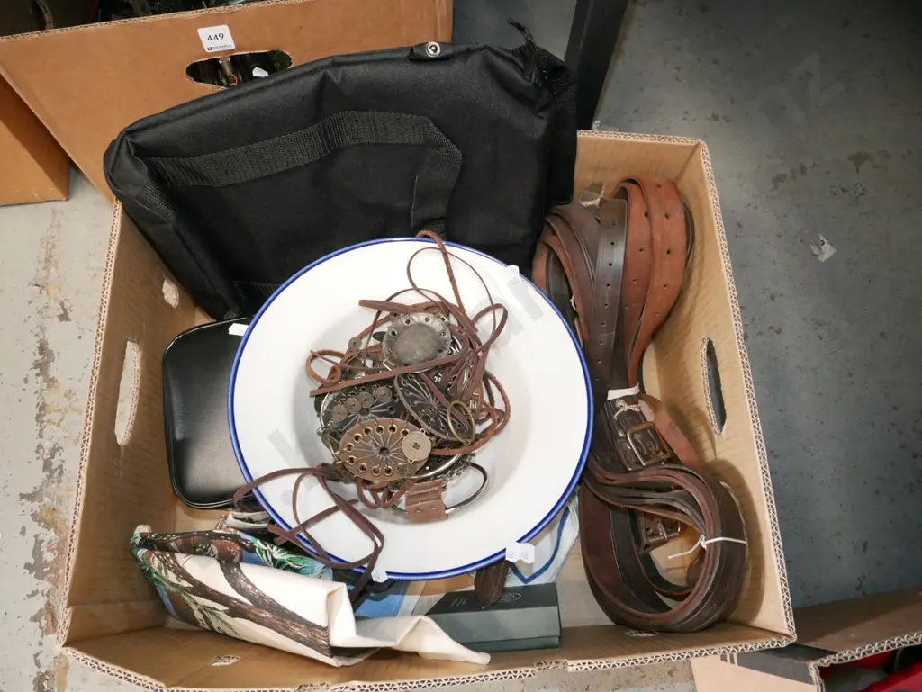 box; large enamel bowl, belts, Jim Beam satchel, tea towels etc Image 1++