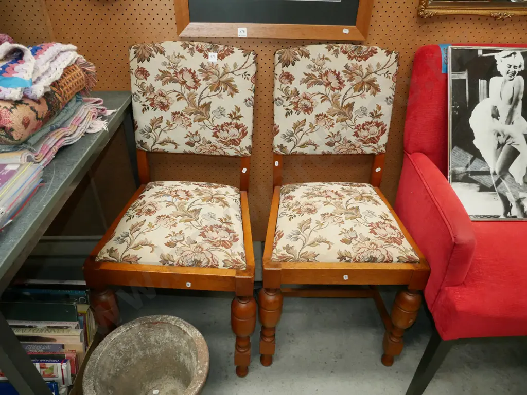 pair of oak floral upholstered turned leg dining chairs Image 1++