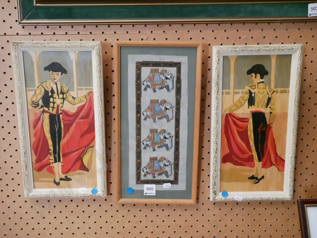 2x matador prints, framed elephant print on fabric - blue dots Image 1++