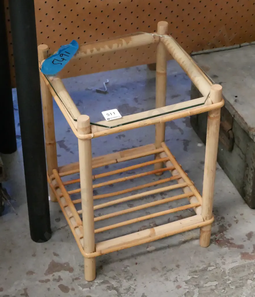 small bamboo glass top end table H-320 Image 1++