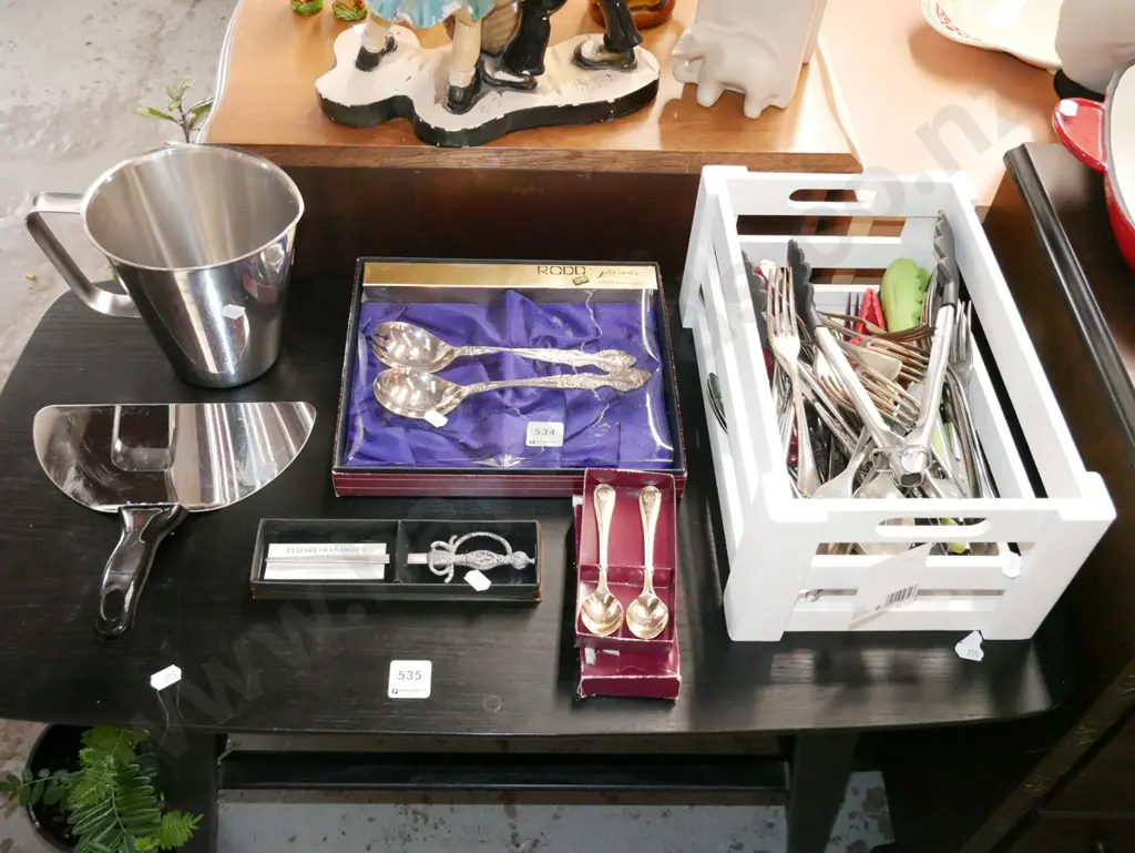 cutlery, jug, letter opener, wooden crate with tongs, forks etc Image 1++