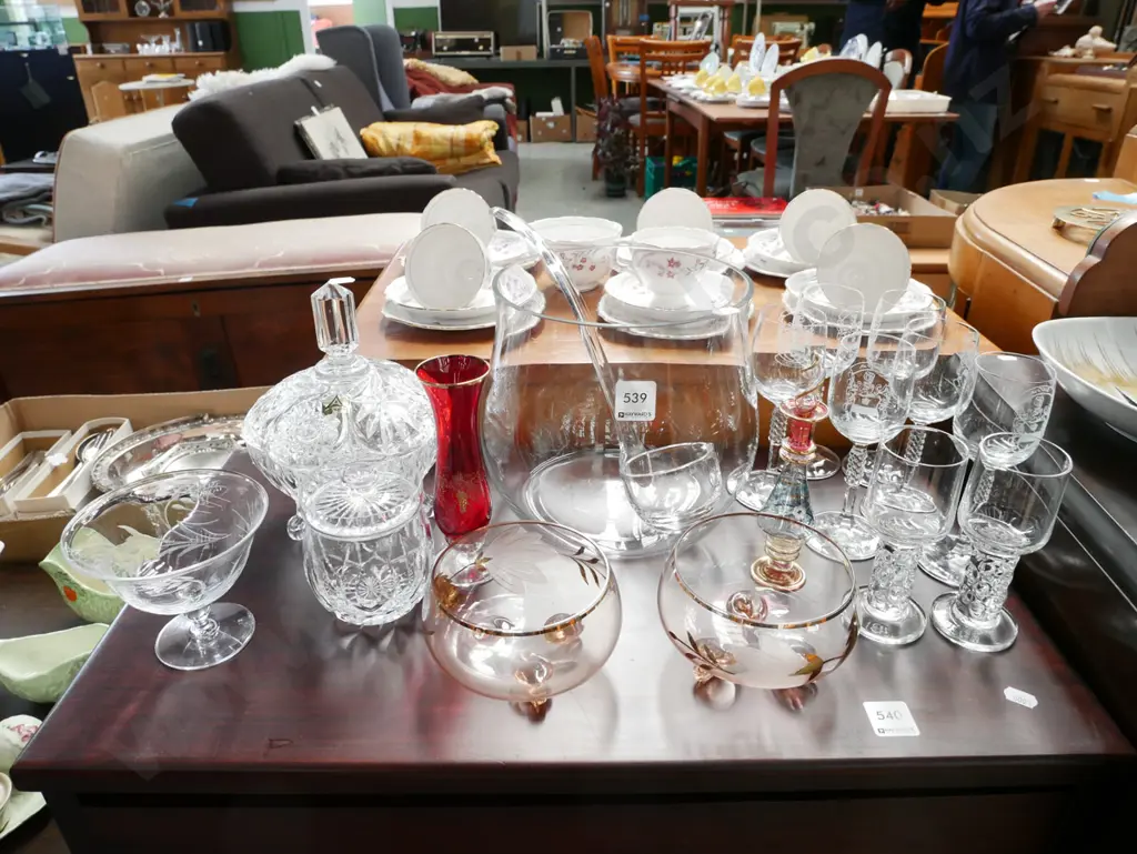 wine glasses, cut crystal pot, footed crystal bowl, amber glass etc Image 1++