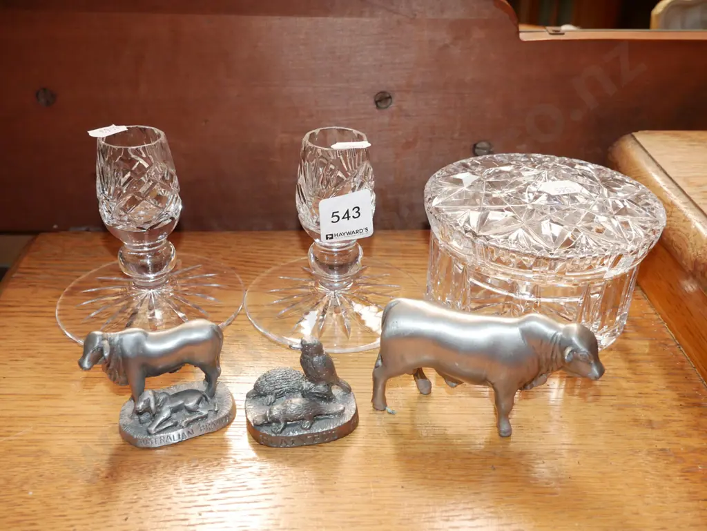 cut crystal candlesticks, cover pot, pewter figurines Image 1++