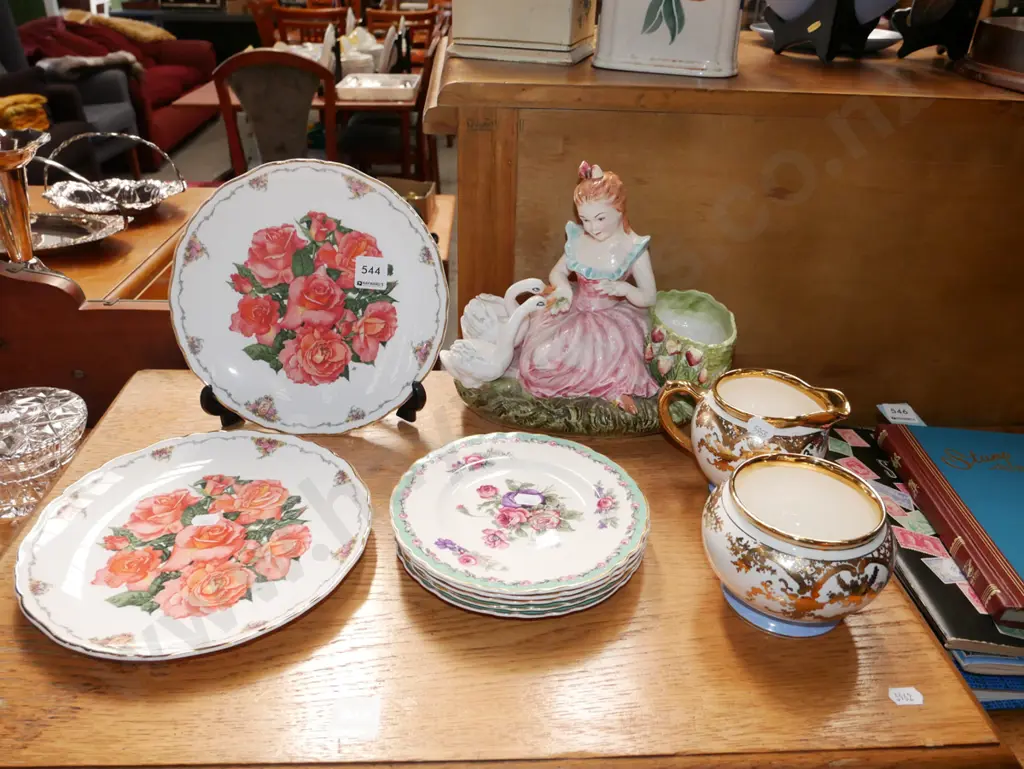 girl and goose figural vase, floral plates, Gibsons creamer and sugar Image 1++