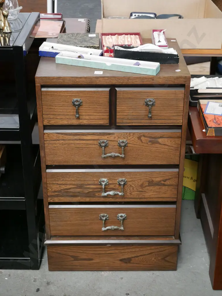 mdf faux wood veneer 5 drawer chest H-770 W-470 D-400 Image 1++