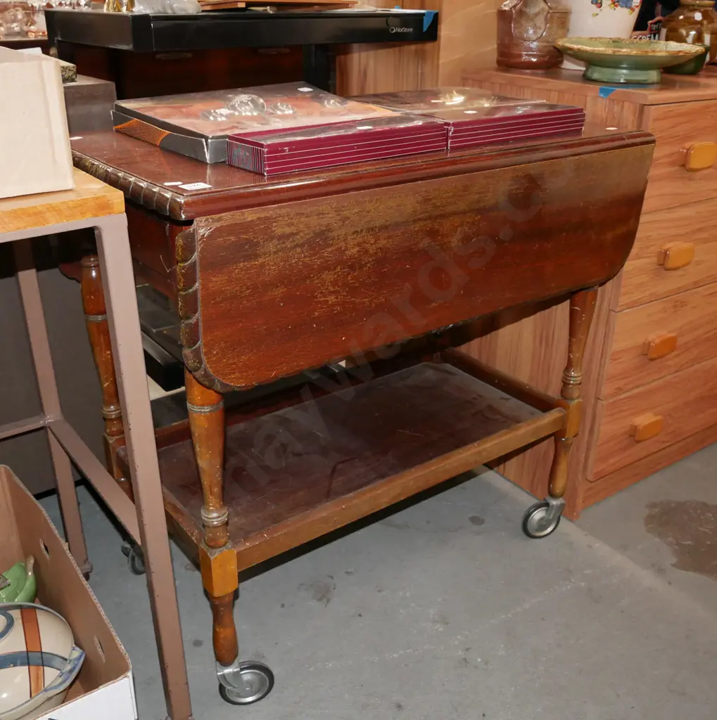 mahogany dropside 2 tier tea trolley with single drawer Image 1++