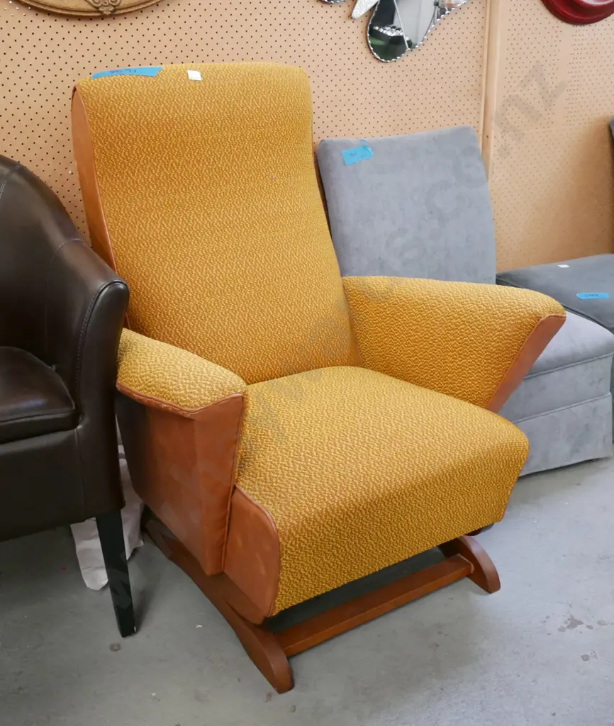 orange fabric and brown vinyl retro rocking chair - excellent condition Image 1++