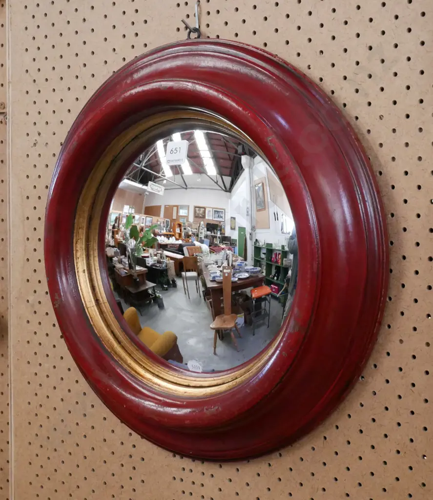 convex circular wood framed wall mirror Image 1++