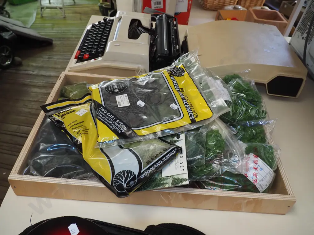 box of model railway layout and accessories; trees, grasses Image 1++