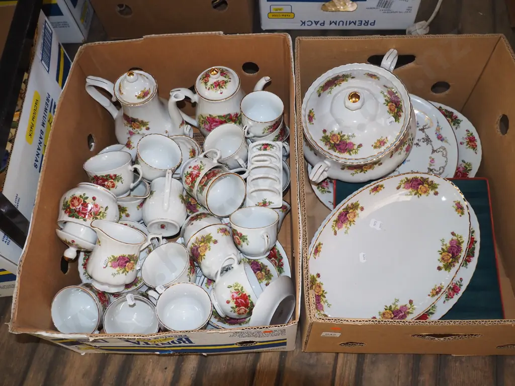 2x boxes;Chinese rose patterned plates, cups, saucers, tea pots etc - orange dots Image 1++