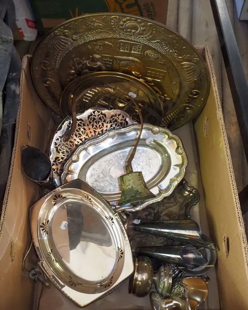 box; plated ware, pressed brass wall chargers, bell Image 1++