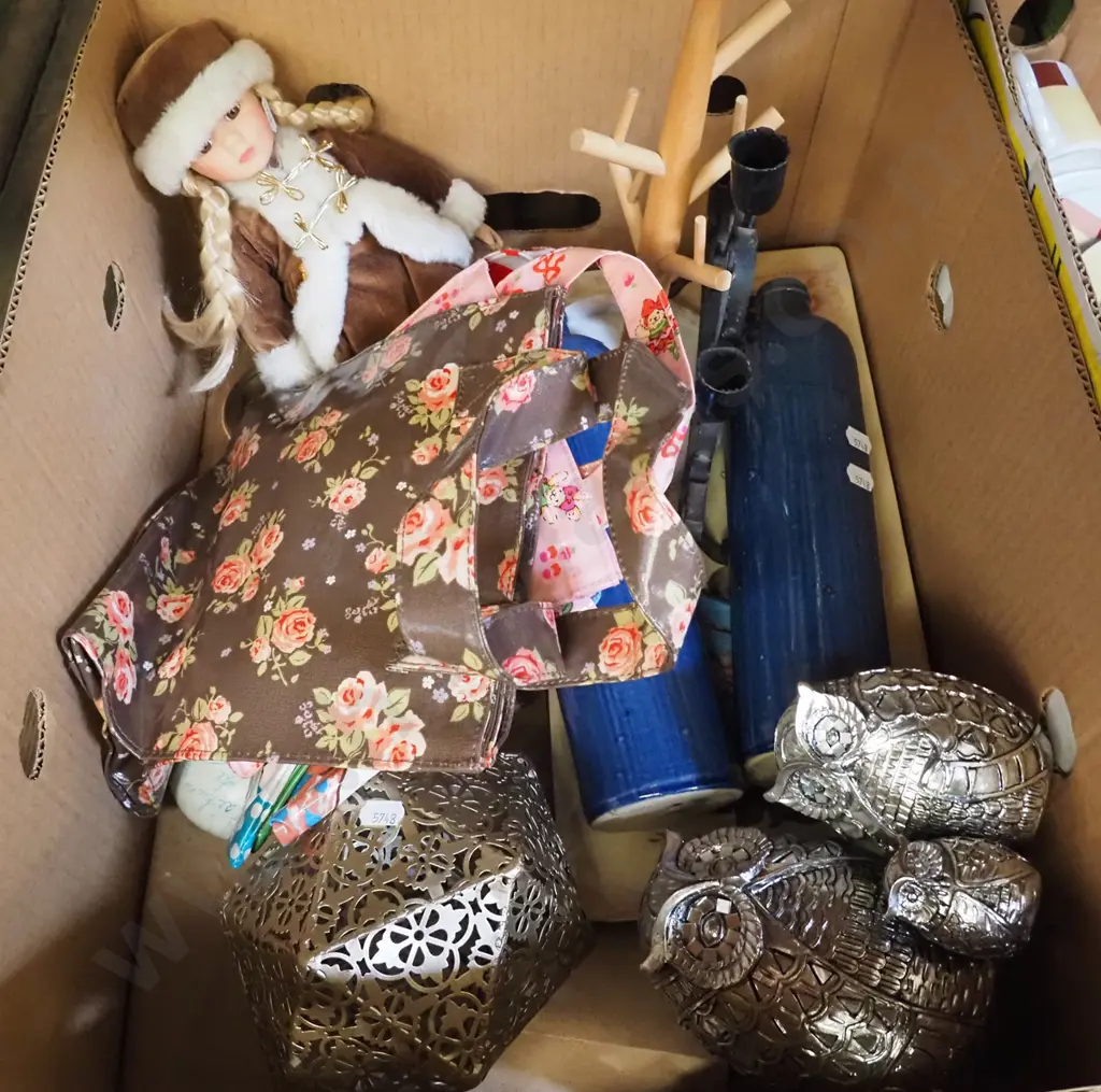 box; owl figurines, candelabra, doll, bags etc Image 1++
