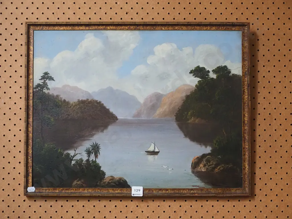 framed colonial oil - sail boat on lake Image 1++