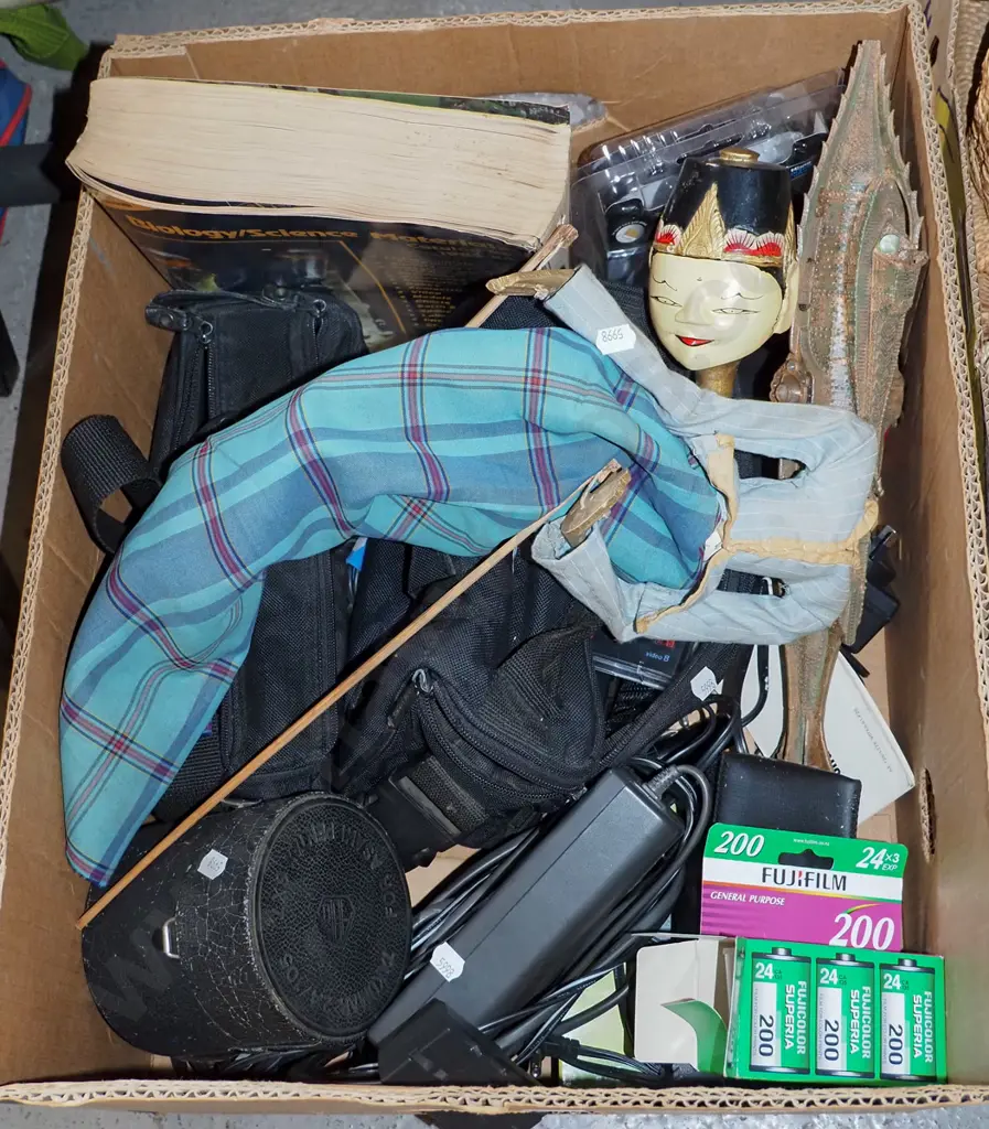 box;  Indonesian hand puppet, various chargers, camera bags, lens etc Image 1++